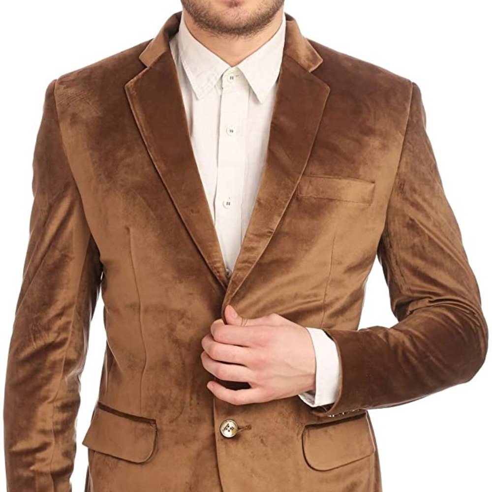WINTAGE Men's Velvet Two Buttoned Notch Lapel Party Camel Coat Blazer